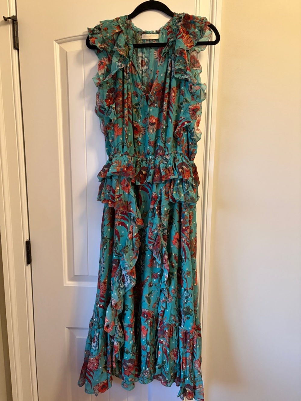 Ulla Johnson Turquoise Floral Ruffle Maxi Dress with Red Accents